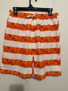 Banana Boat Men's XL Orange White Striped Palm Leaf Swim Trunks